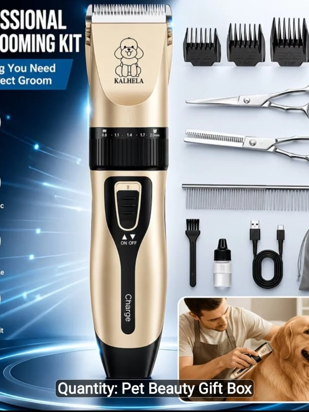Gold & Black Type-C Pet Hair Trimmer - Cordless Grooming Kit